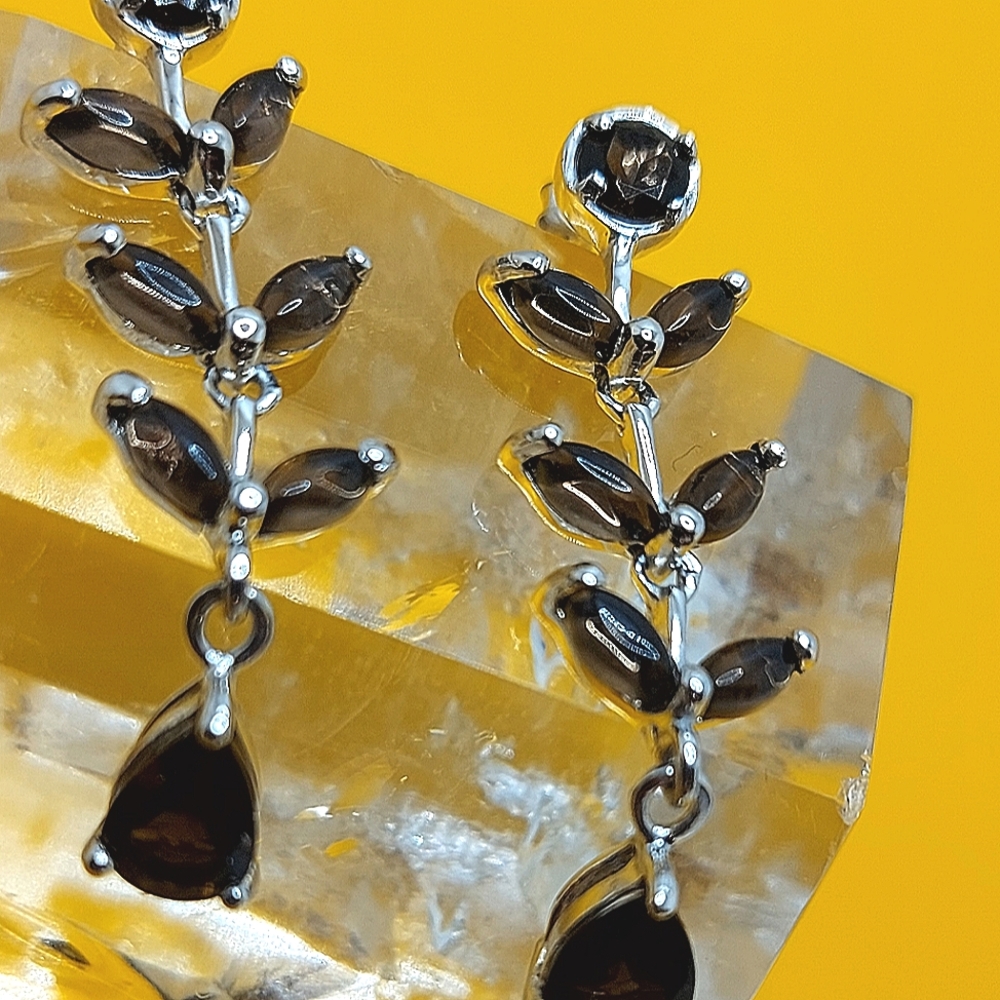 Natural Smoky Quartz 8x6mm 14K White Gold Plate 925 Sterling Silver Earrings